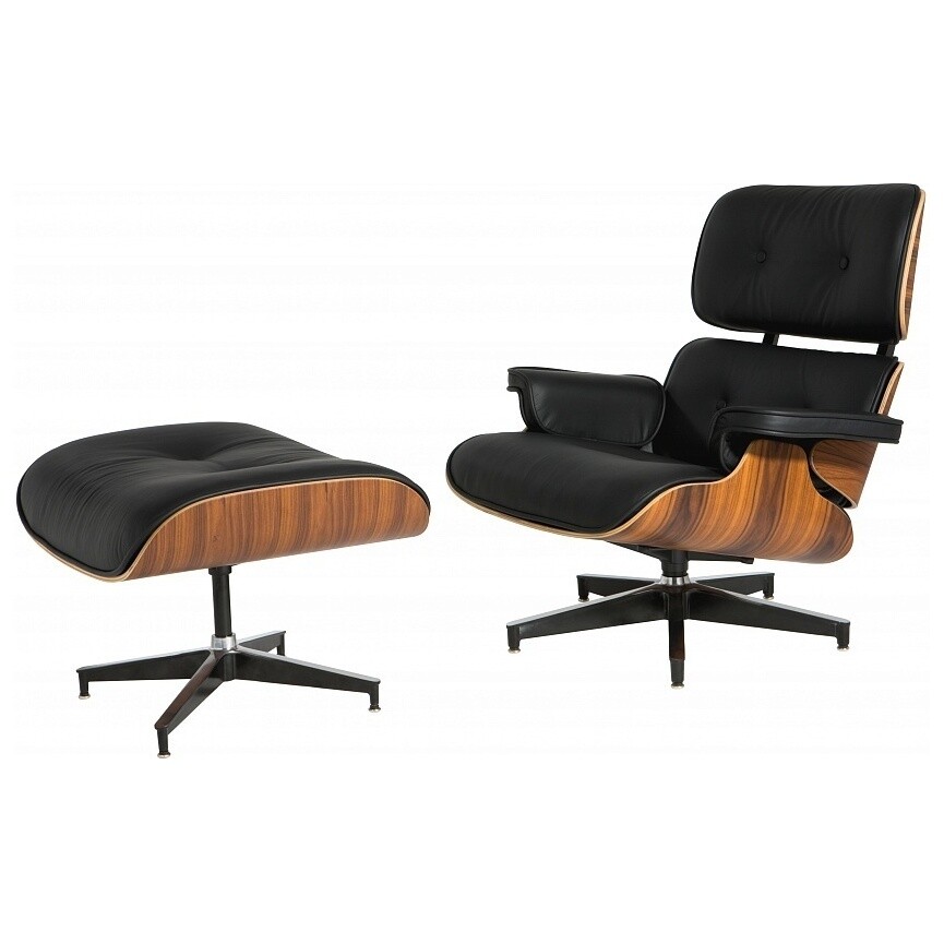 Кресло мягкое с оттоманкой черное, коричневое Eames Lounge
