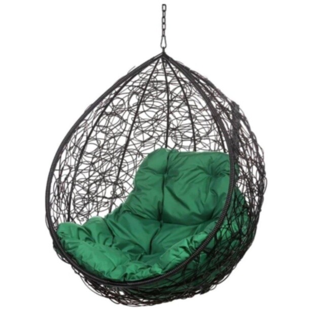 Кресло-кокон подвесное плетеное с зеленой подушкой черное Tropica BS