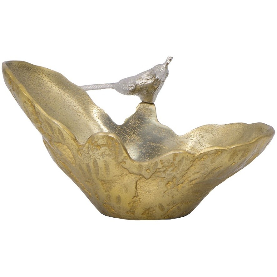 Чаша декоративная настольная с птичкой 17х31х21 см алюминиевая золото