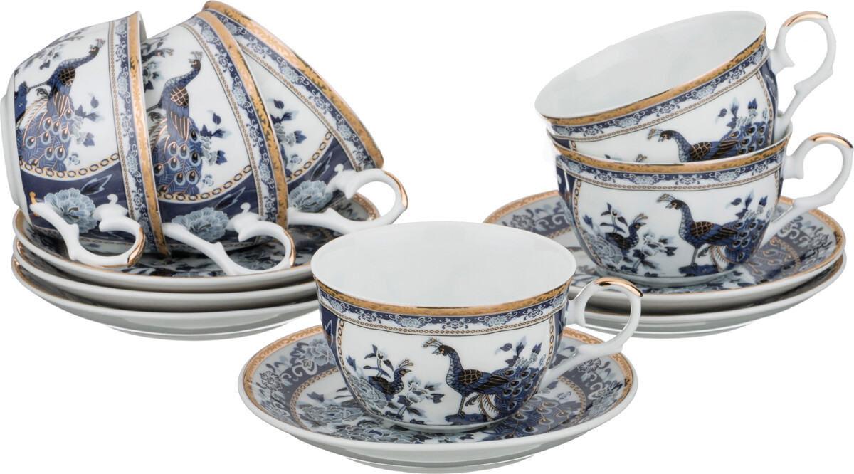 Чашки чайные фарфоровые в подарочной упаковке на 6 персон белые с синим узором Lefard