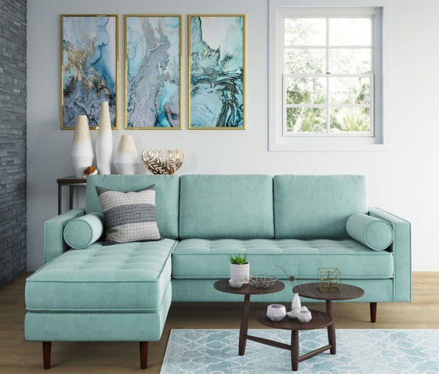 Бирюзовый диван в интерьере гостиной, кухни и других комнат: лучшие сочетания, шторы, 50+ фото
