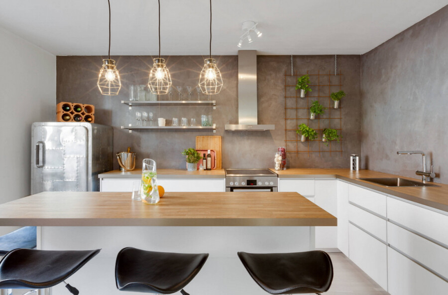 Дизайн кухни без верхних шкафов по одной стене - 80 фото