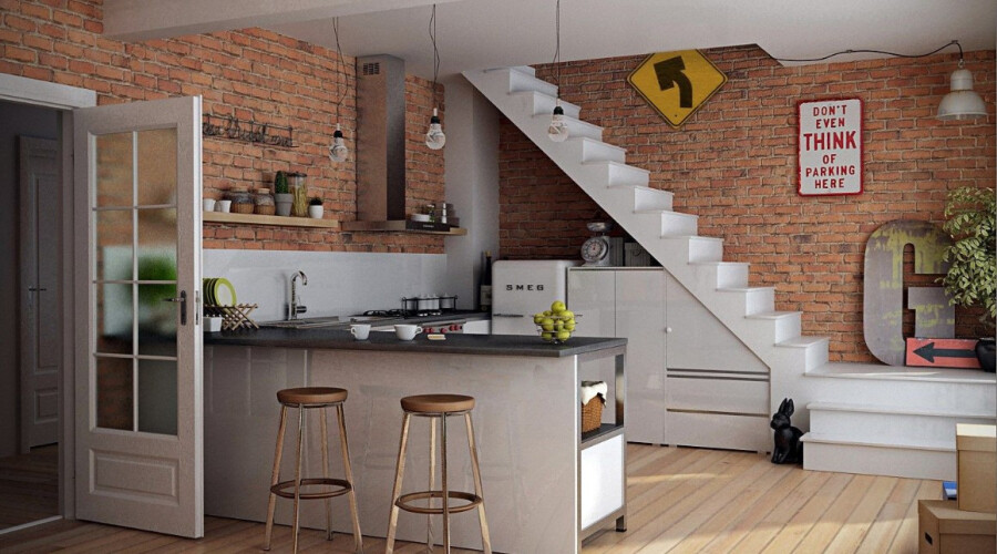 Дизайн кухни с лестницей