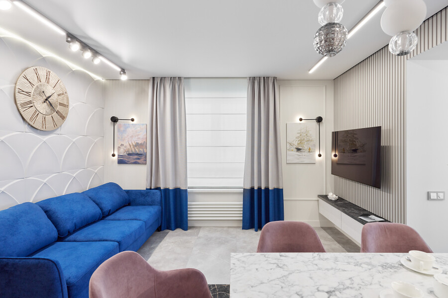 Blue accent sofa in the living room