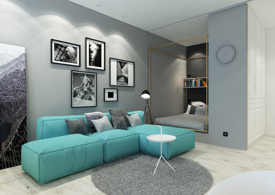 Бирюзовый диван интерьере: как выбрать модель, подобрать шторы и цвет стен