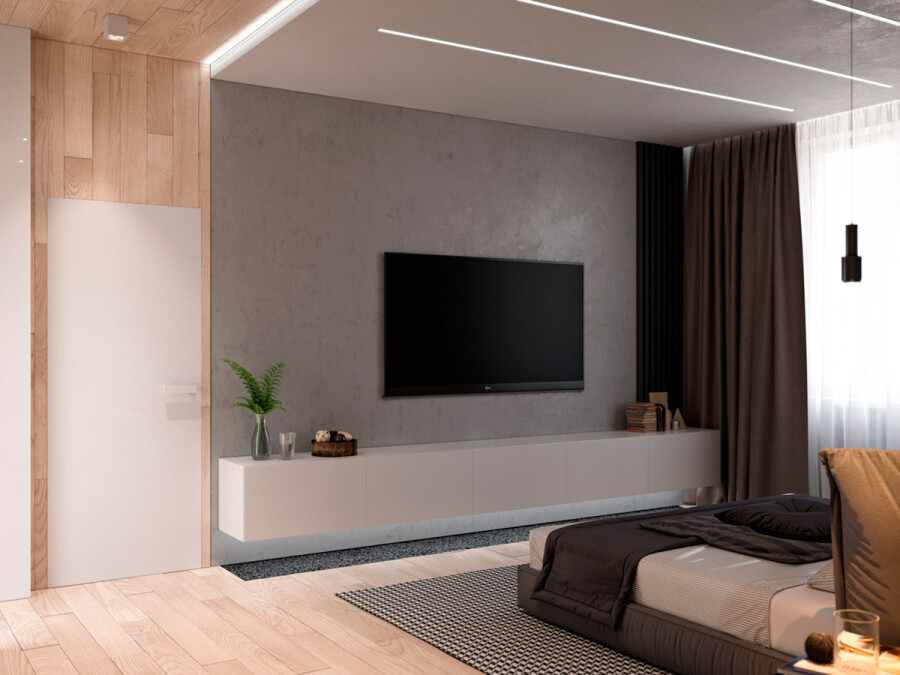 Оформить стену с телевизором в спальне
