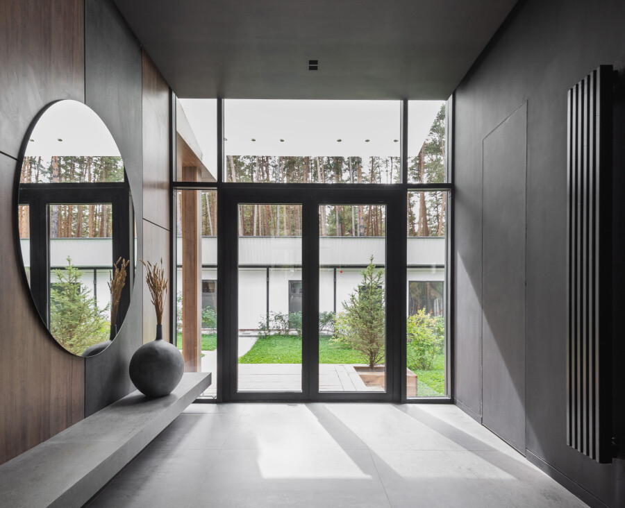 Hallway with a large mirror
