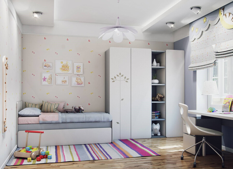 Современный дизайн интерьера детской комнаты в светлых тонах – уютная спальня для ребенка