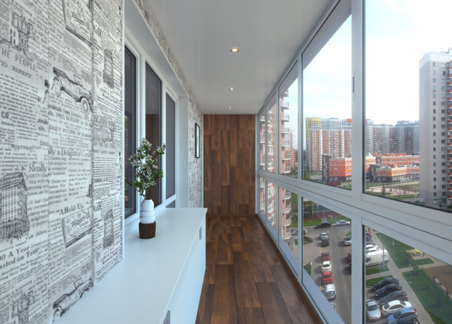 Отделка балкона с панорамным остеклением - 73 фото