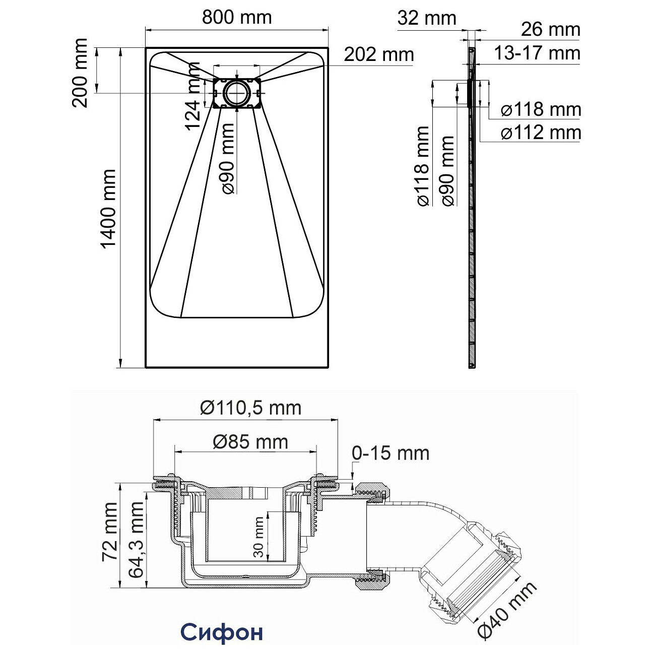 Душевой поддон 140х80 см серый Wasserkraft Elbe 74T35 9071277 - изображение 2