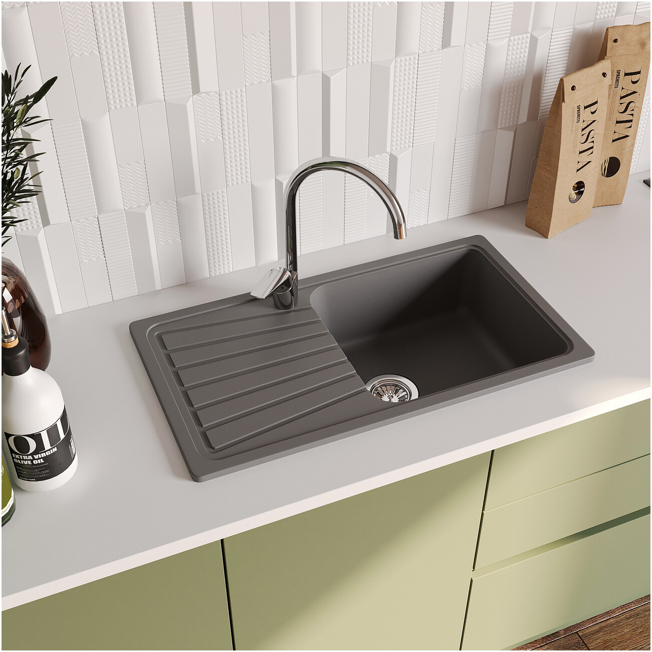 Мойка кухонная из искусственного гранита с крылом серая Domaci "Верона" 81-46 серая - изображение 4