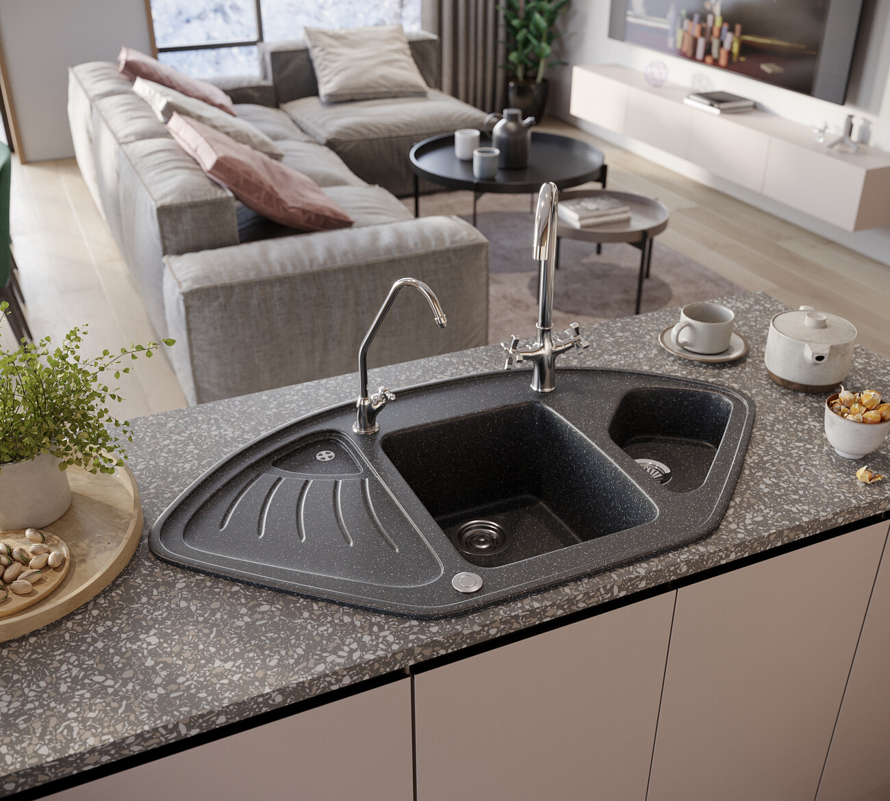 Мойка кухонная многоугольная мраморная черная Domaci "Бьелла" DMC-14K-308 - изображение 4