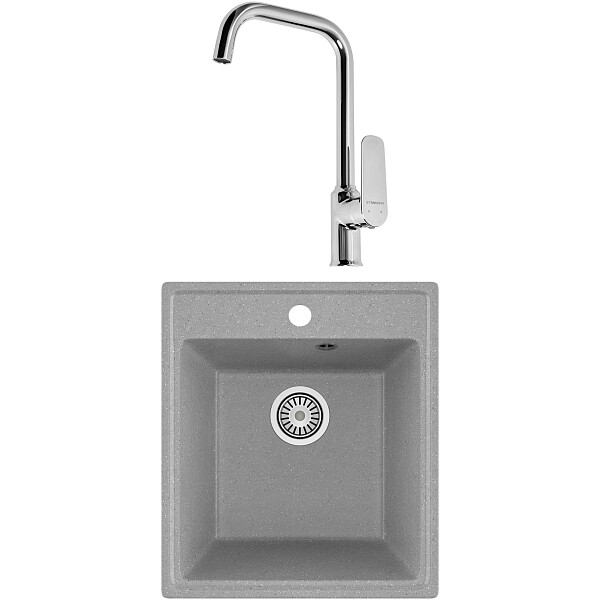 Мойка кухонная серая Domaci "Палермо" со смесителем хром Stworki WFD04005GA, PR-425-003 - изображение 1