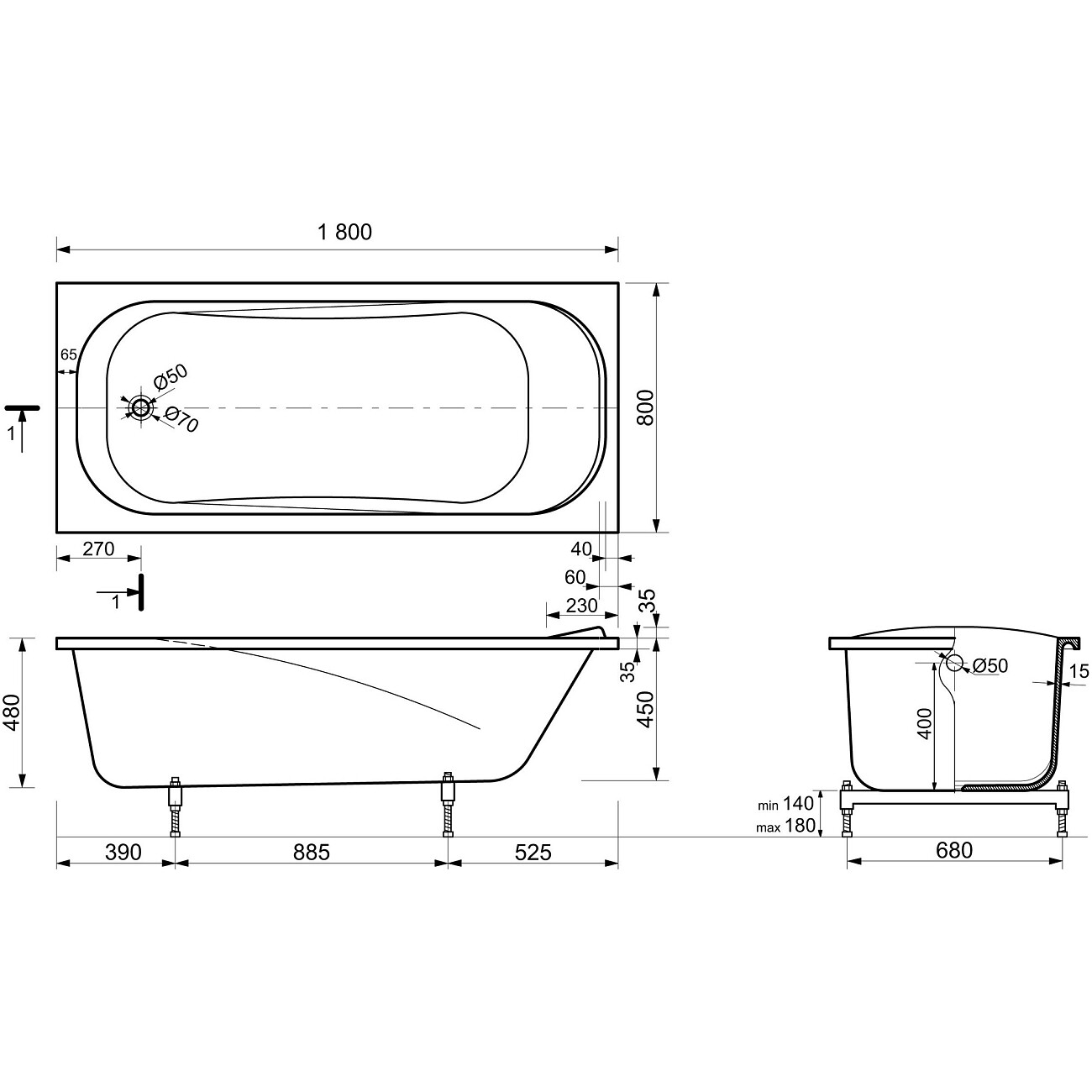 Ванна из искусственного камня прямоугольная с ножками 180x80 см белая Stworki "Вестфолл" - изображение 2
