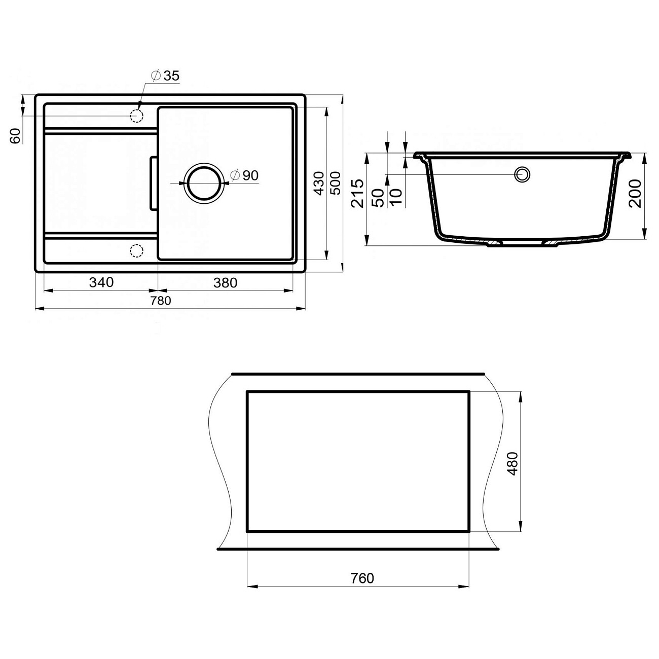 Мойка кухонная кварцевая прямоугольная черная Point "Лаура 78" PN3005B - изображение 4