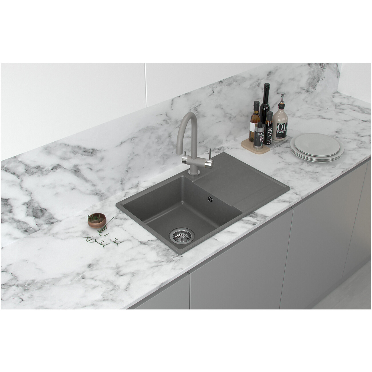 Мойка кухонная из искусственного гранита серая Domaci "Верона" 69-44 серая - изображение 5
