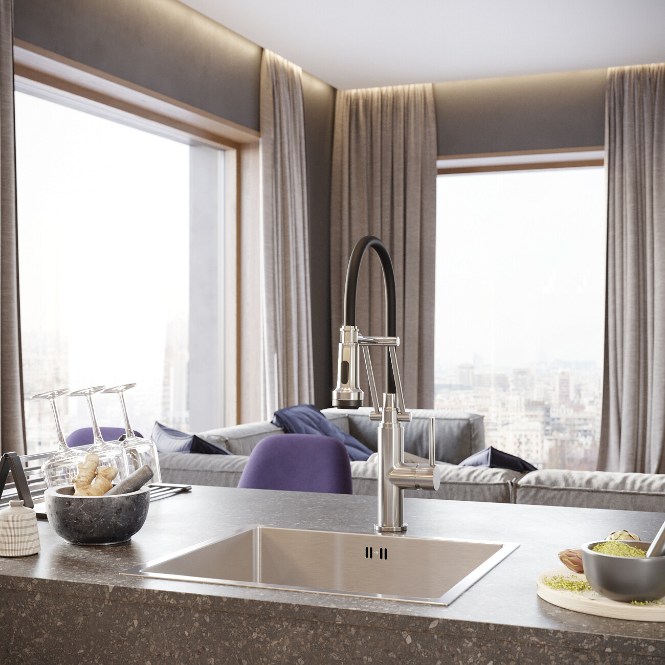 Смеситель для кухни однорычажный с гибким изливом черный, сатин Domaci "Равенна" DCB 7012 - изображение 2