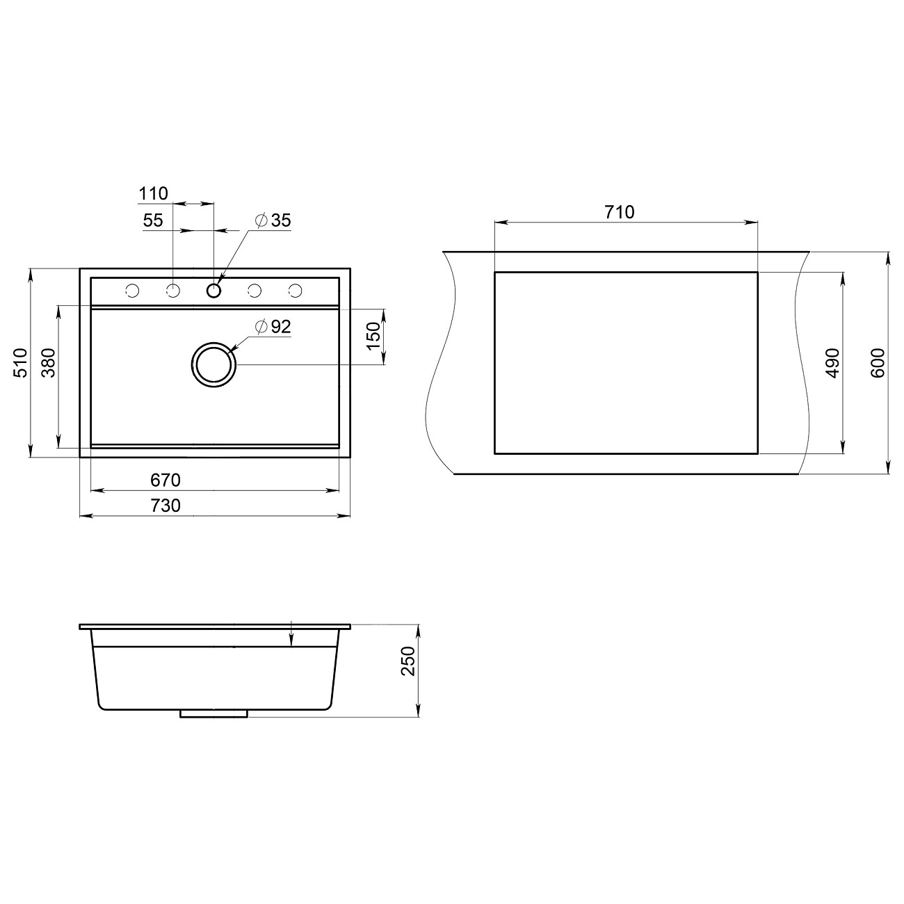 Мойка кухонная кварцевая прямоугольная черный металлик Granula KS-7301 шварц - изображение 2