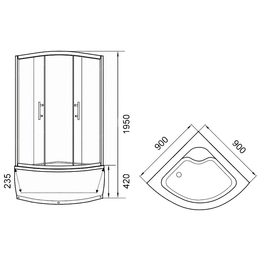 Душевой уголок четверть круга с высоким поддоном 90х90 см хром Parly ...