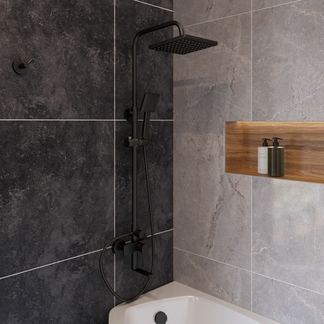 Душевая стойка с верхним душем и смесителем черная Stworki "Ольтен" OLT-04b - изображение 10