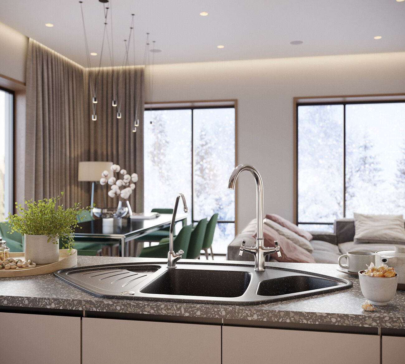 Мойка кухонная многоугольная мраморная черная Domaci "Бьелла" DMC-14K-308 - изображение 5