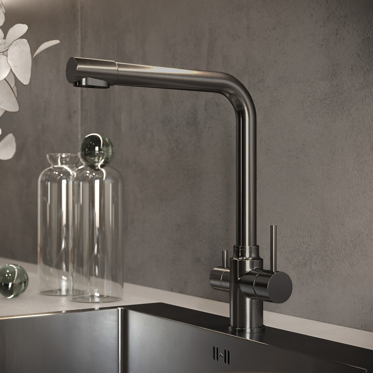 Смеситель для кухни из нержавеющей стали вороненая сталь Domaci "Равенна" DM-020822-GM - изображение 4
