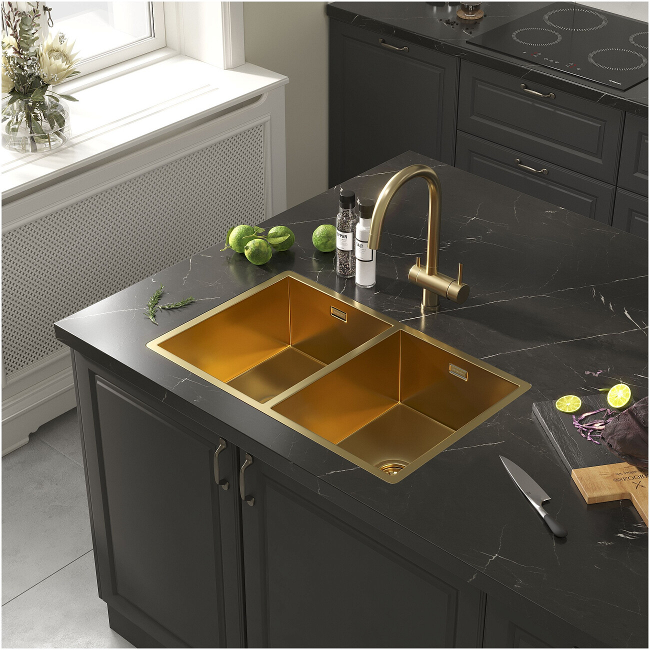 Кухонная мойка двойная из нержавеющей стали 44х70 см золото Reflexion Garda RX2170GD - изображение 7