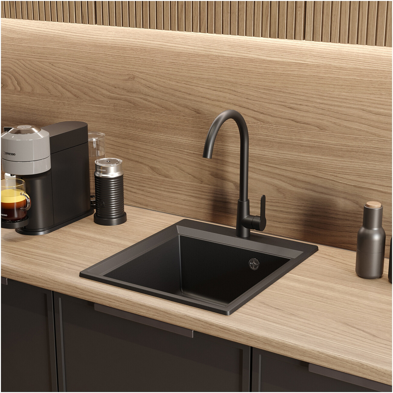Мойка кухонная кварцевая прямоугольная 52х46 см черная Domaci "Римини" DG 45-51-405 - изображение 4