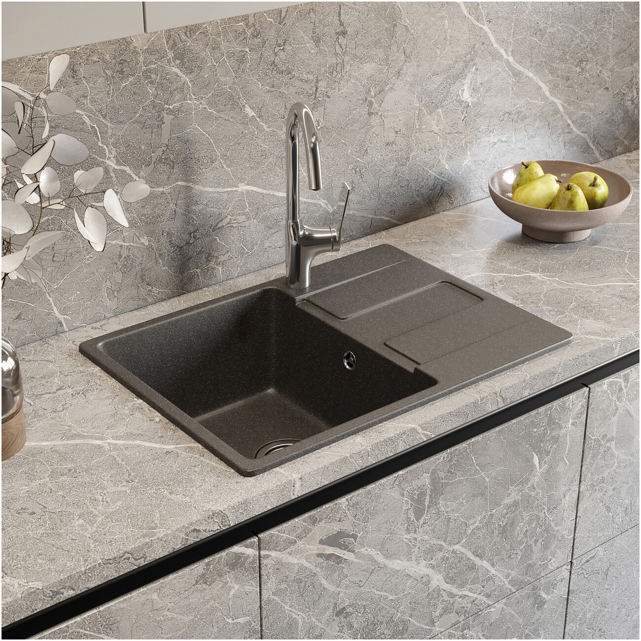 Мойка кухонная из искусственного мрамора прямоугольная 50х69 см антрацит Domaci "Римини" DG В-501 - изображение 9