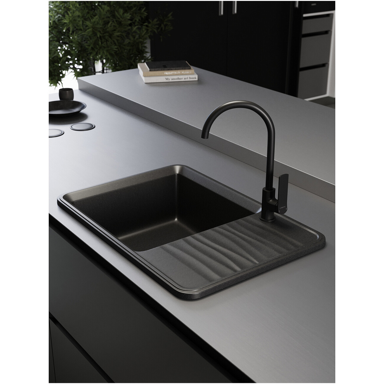 Мойка кухонная кварцевая прямоугольная 51х74 см черная Domaci "Римини" DG R-405 - изображение 4
