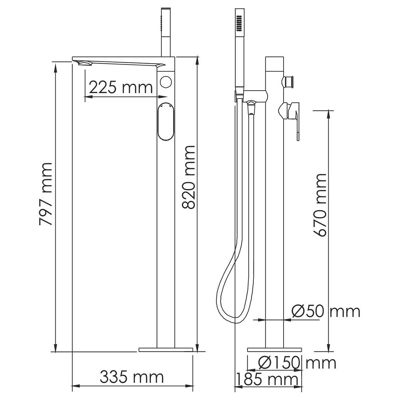 Смеситель для ванны напольный из латуни черный Wasserkraft 7421 - изображение 6