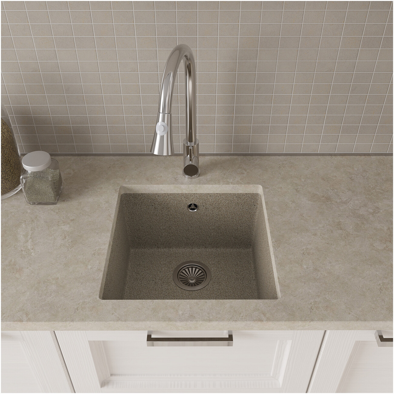 Мойка кухонная кварцевая квадратная 44 см бежевая Domaci "Римини" DG 44-435 - изображение 4