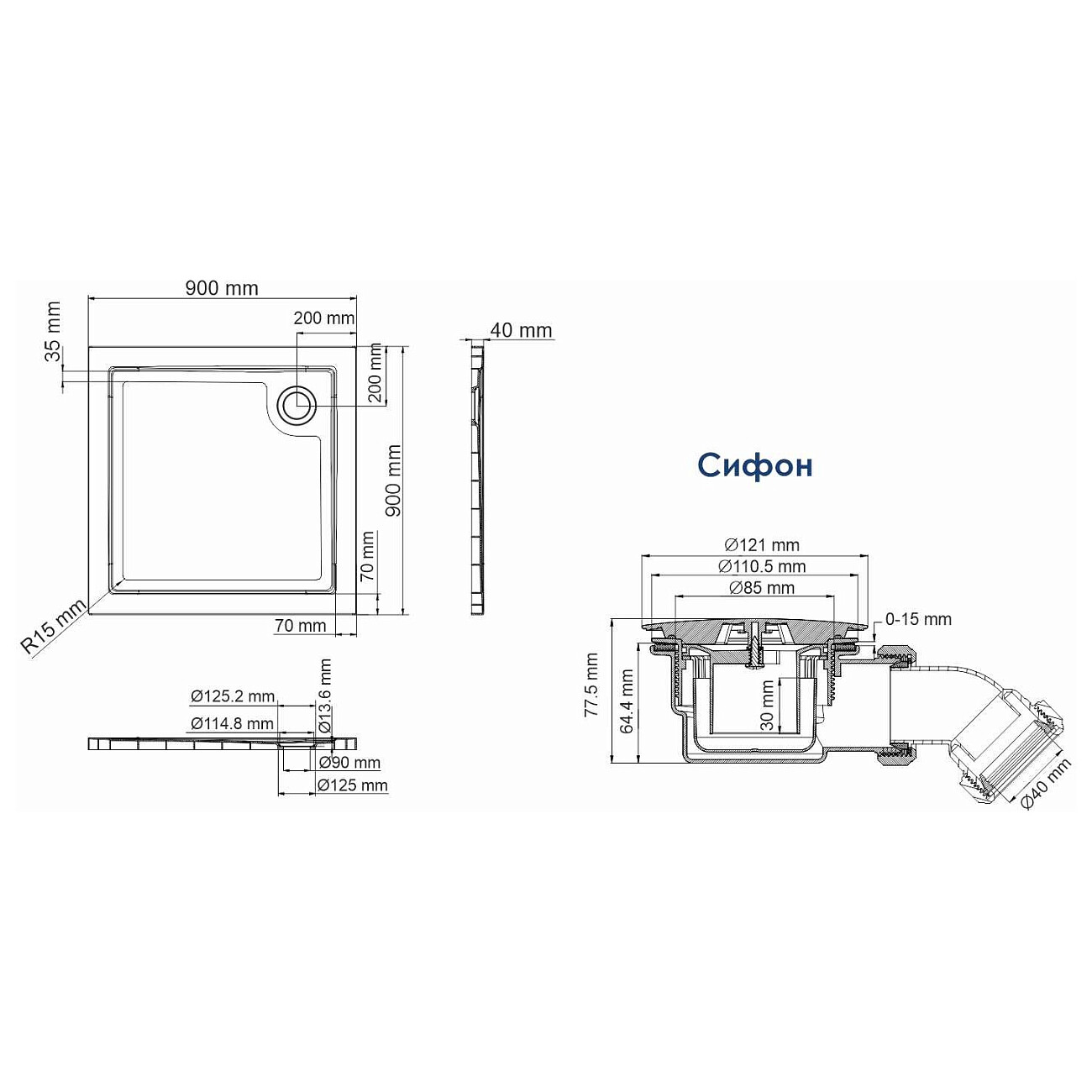 Душевой поддон из стеклопластика квадратный 90х90 см белый Wasserkraft Salm 27T03 - изображение 4