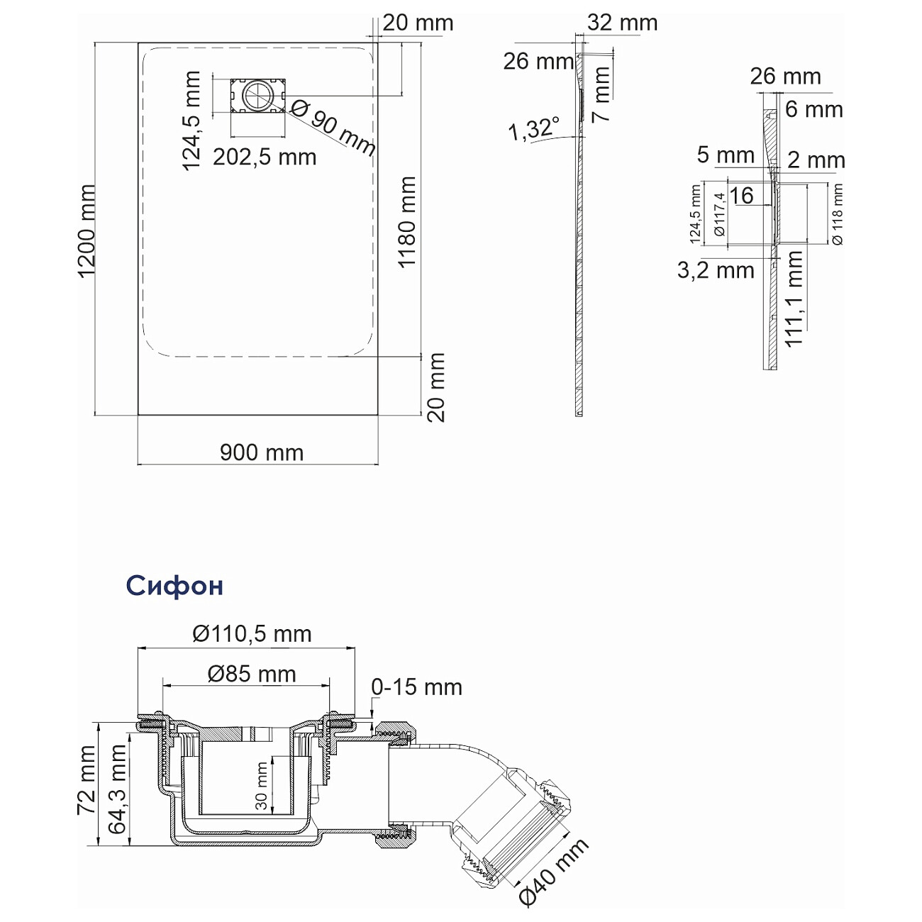 Душевой поддон из стеклопластика прямоугольный 90х120 см черный Wasserkraft Elbe 74T07 - изображение 3