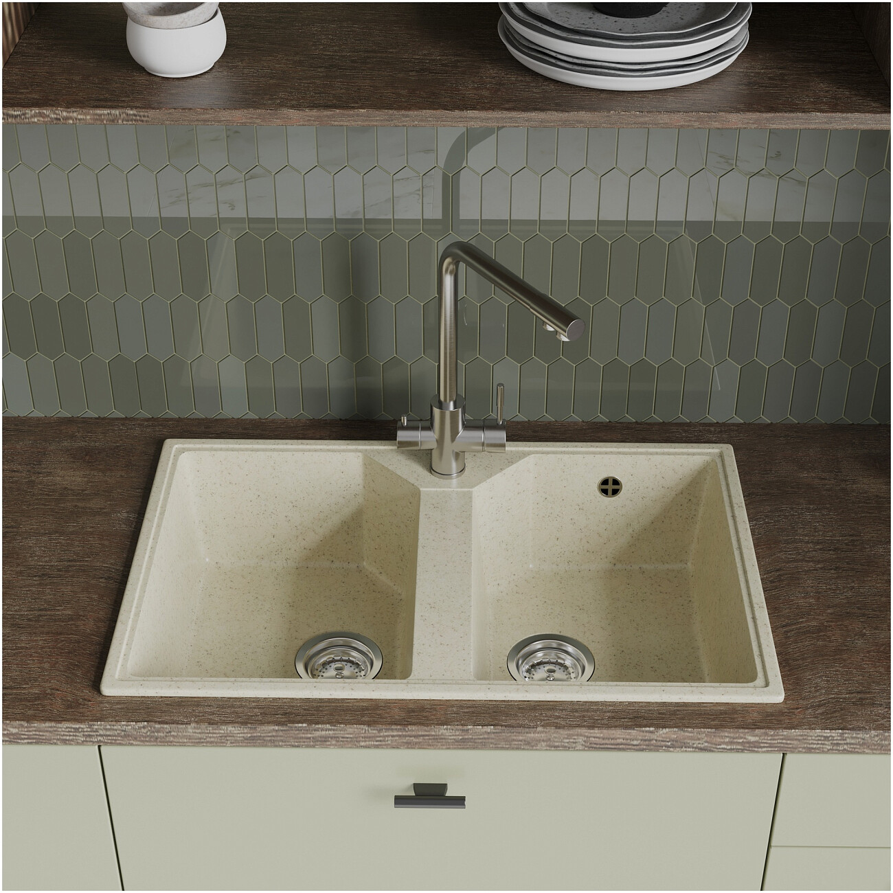 Мойка кухонная из искусственного мрамора двойная бежевая Domaci "Палермо" PR-770-002 - изображение 7