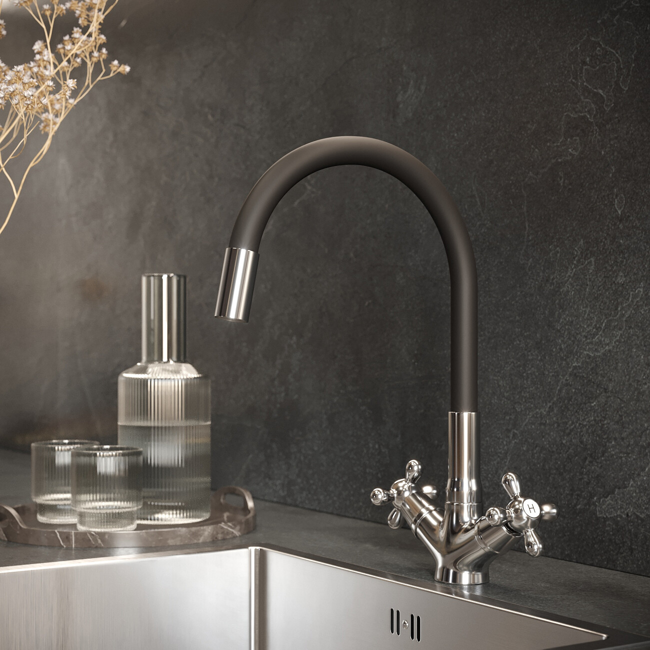 Смеситель для кухни с гибким изливом черный, хром Domaci "Равенна" D03-007cr - изображение 6