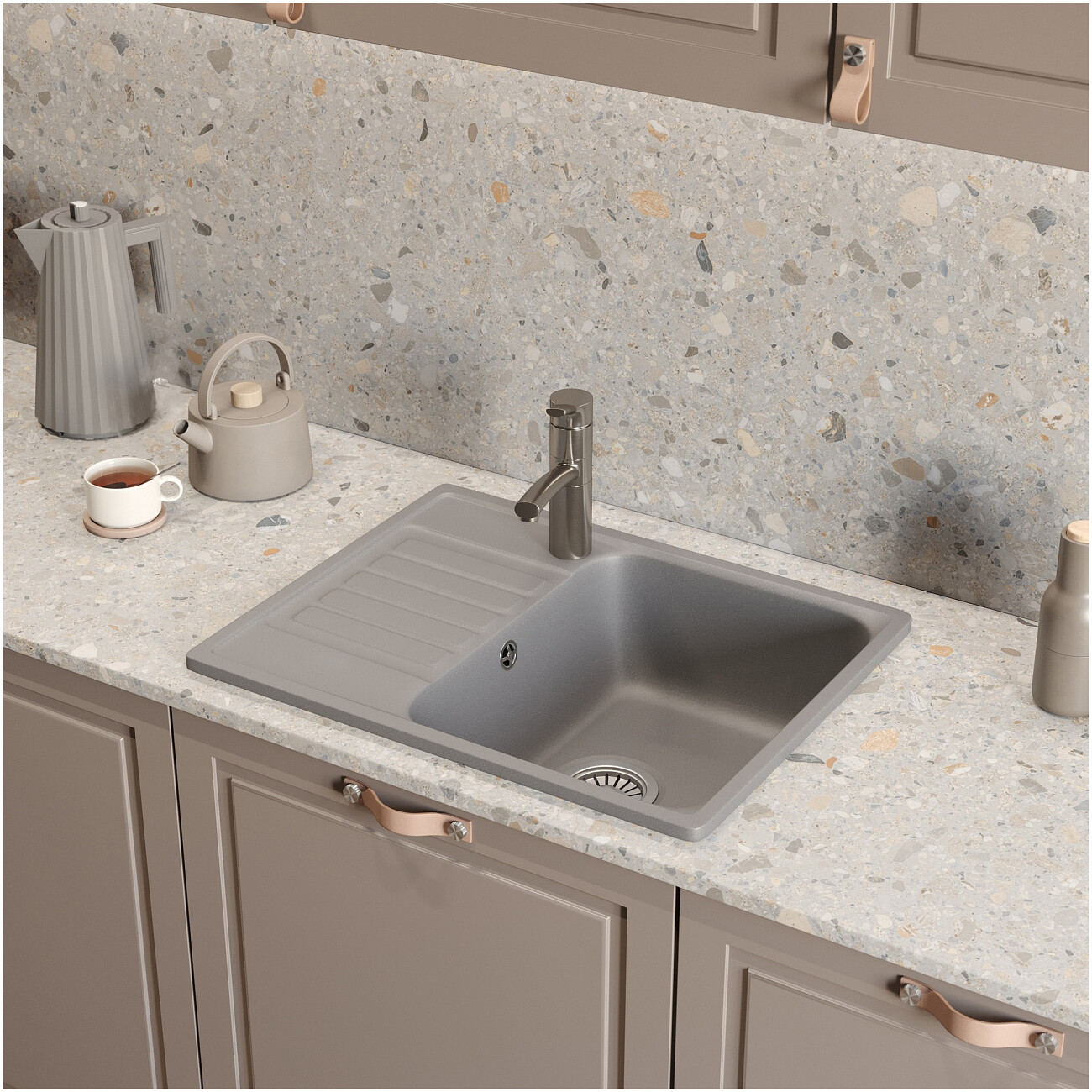 Мойка кухонная из искусственного мрамора прямоугольная 48х60 см грей Domaci "Савона" QB 600 - изображение 4