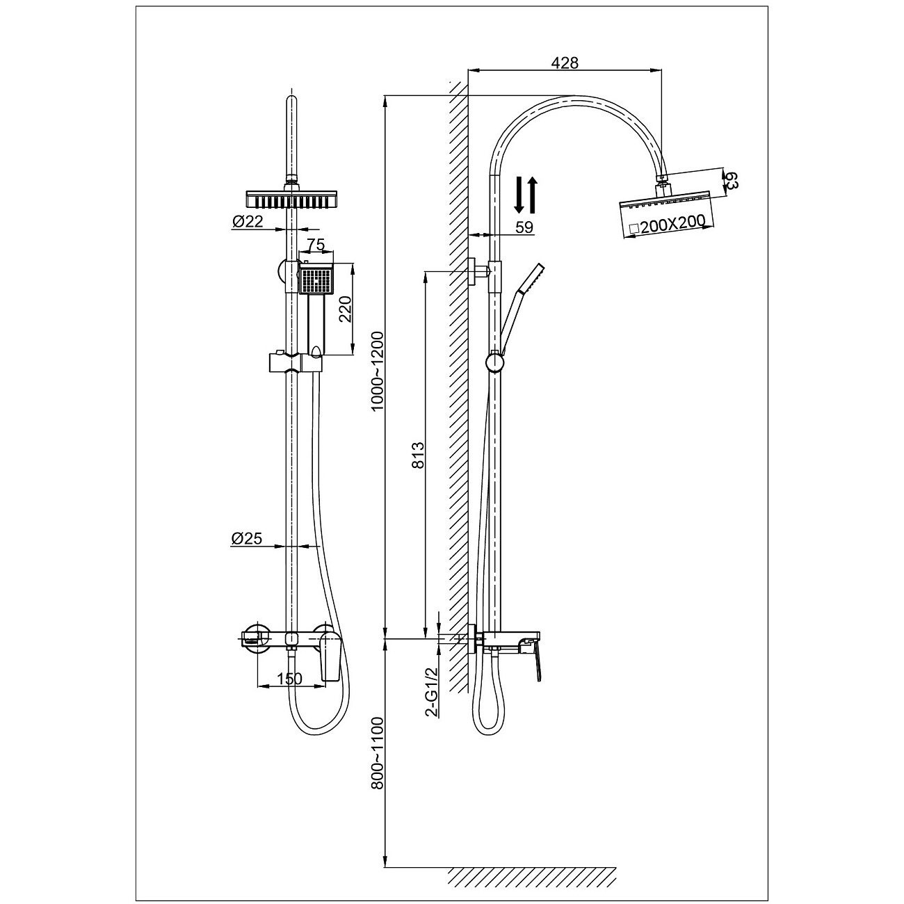 Душевой комплект с регулировкой высоты хром D&K Rhein Lessing DA1323701C05 - изображение 2