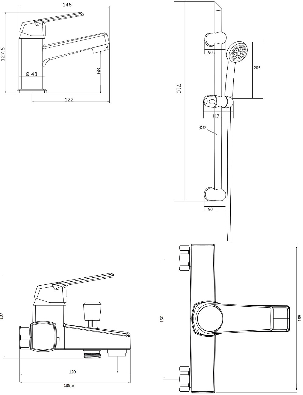 Душевой комплект с ручной лейкой и двумя смесителями черный Diwo "Смоленск" SM-02b, SM-03b - изображение 2