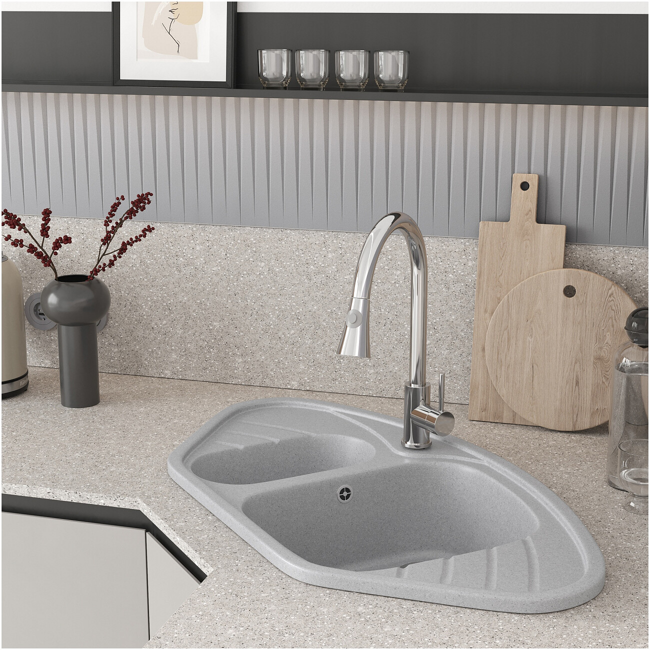 Мойка кухонная светло-серая Domaci "Болонья" М-23-006 - изображение 8