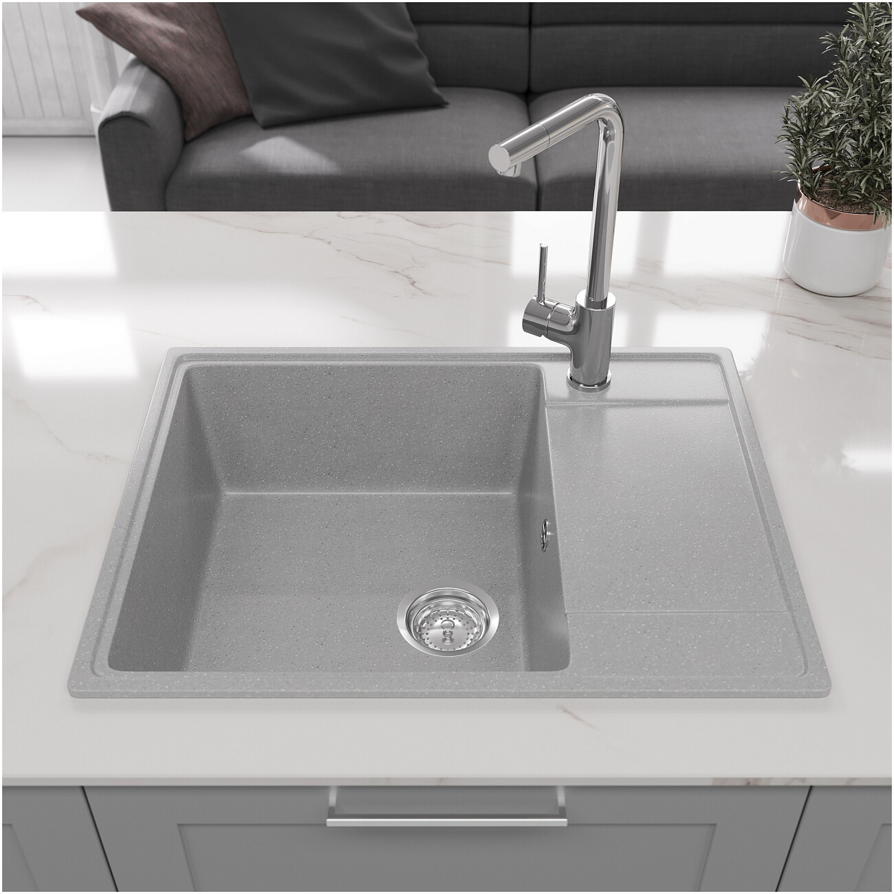 Мойка кухонная из искусственного мрамора с крылом серая Domaci "Палермо" PR-650-003 - изображение 8