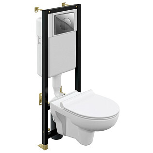 Унитаз подвесной белый Cersanit Nature Clean On DPL EO slim с инсталляцией Black и кнопкой хром Leon