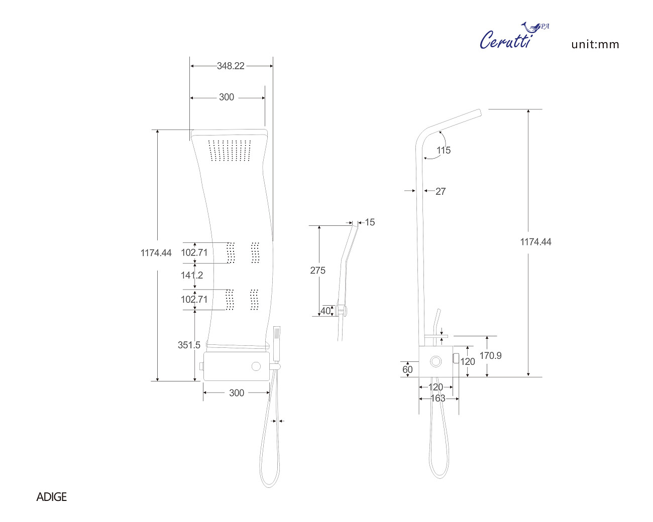 Душевая панель с гидромассажем 118х35 см черная Cerutti SPA Adige B CT8980 - изображение 2
