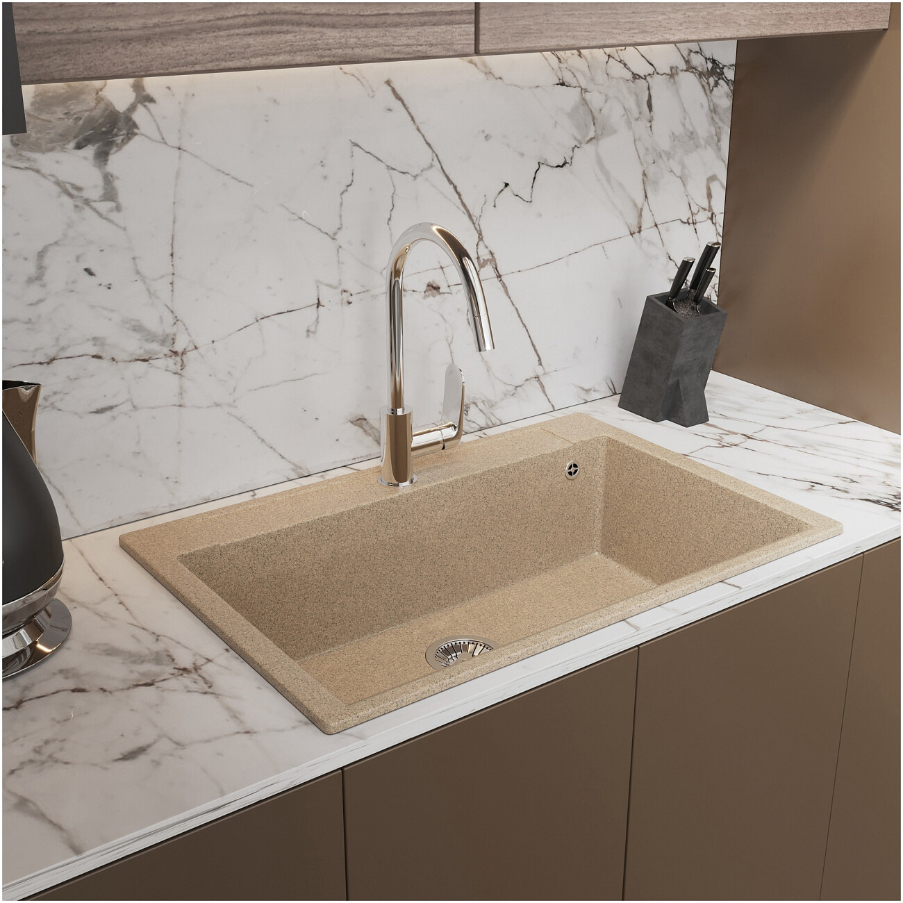 Мойка кухонная из искусственного мрамора прямоугольная 51х76 см песочная Domaci "Савона" РА 760 - изображение 4