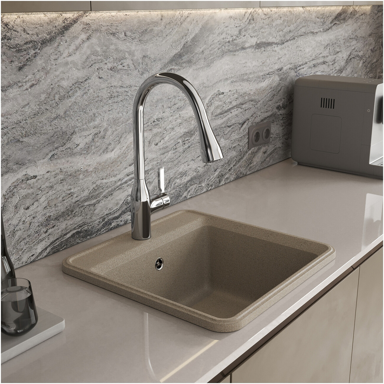 Мойка кухонная из искусственного мрамора квадратная 51 см бежевая Domaci "Римини" DG К-435 - изображение 9