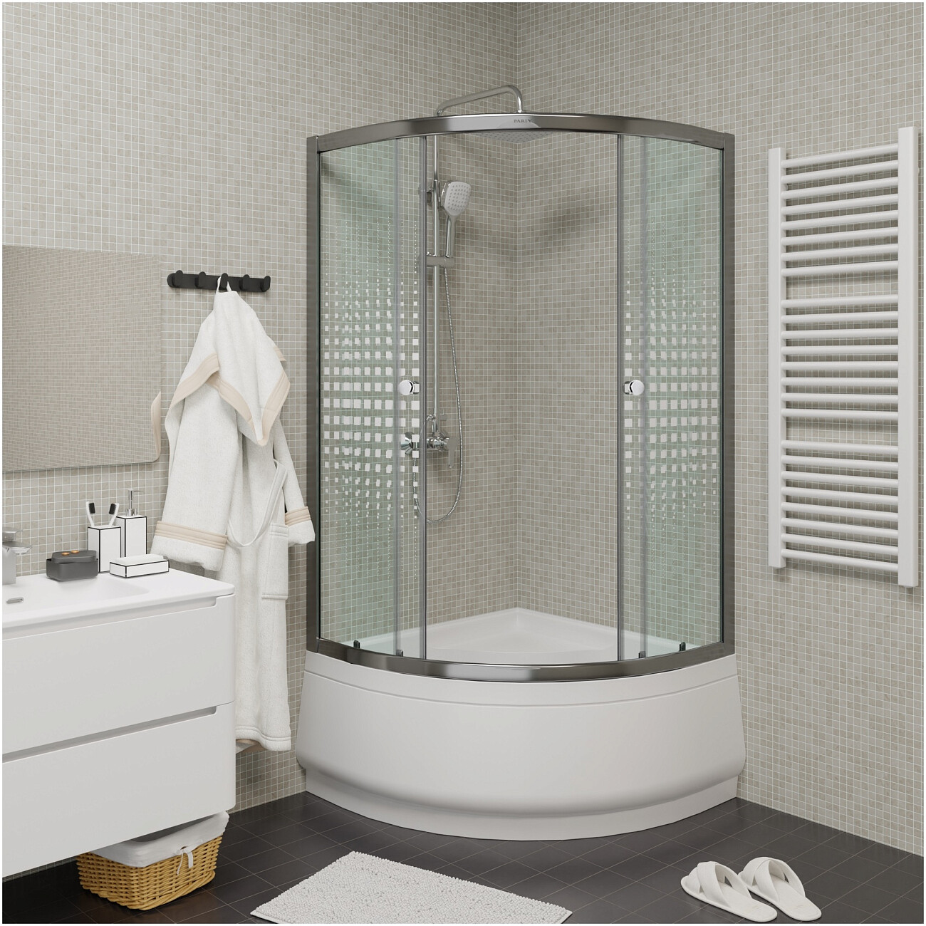 Душевой уголок четверть круга с высоким поддоном 90х90 см хром Parly Z9011 - изображение 7
