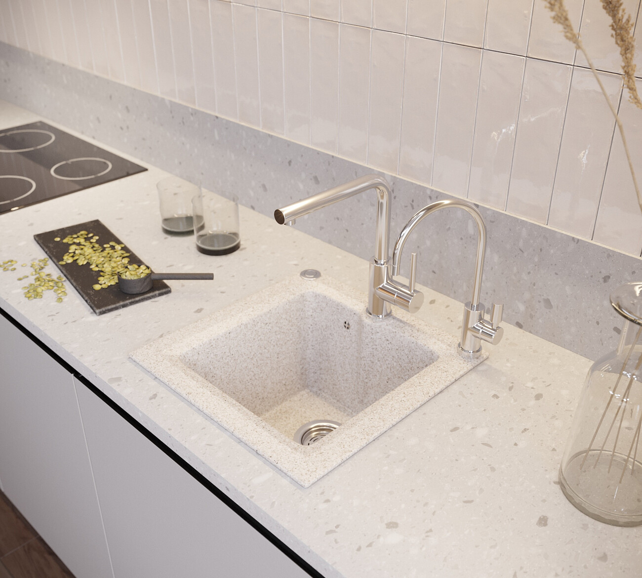 Мойка кухонная из искусственного мрамора квадратная бежевая Domaci "Бьелла" DMC-42 - изображение 3