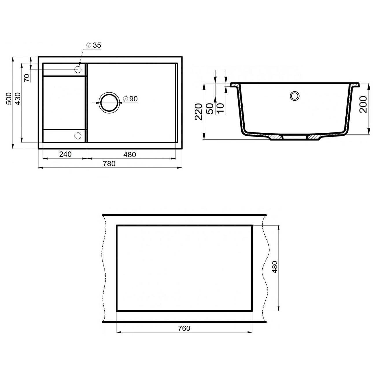 Мойка кухонная кварцевая прямоугольная серая Point "Велета 78" PN3002AL - изображение 4