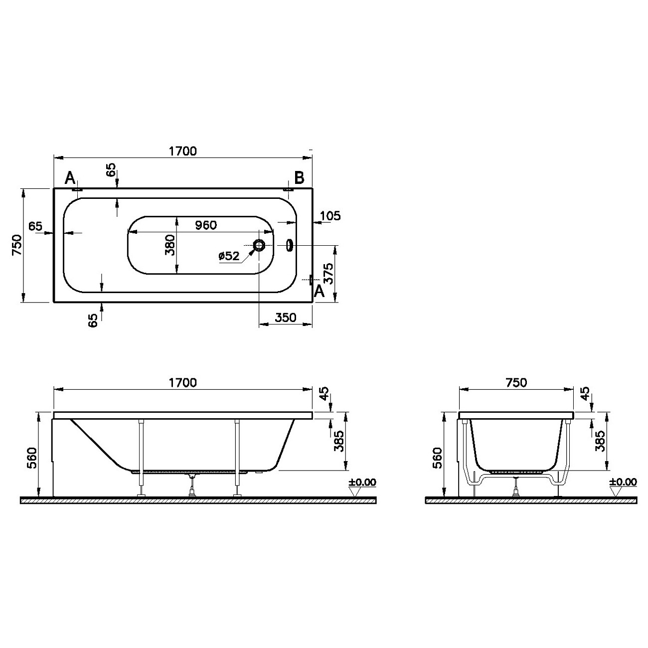 Ванна акриловая 170х75 см белая Vitra Optimum Neo 64570001000 - изображение 2