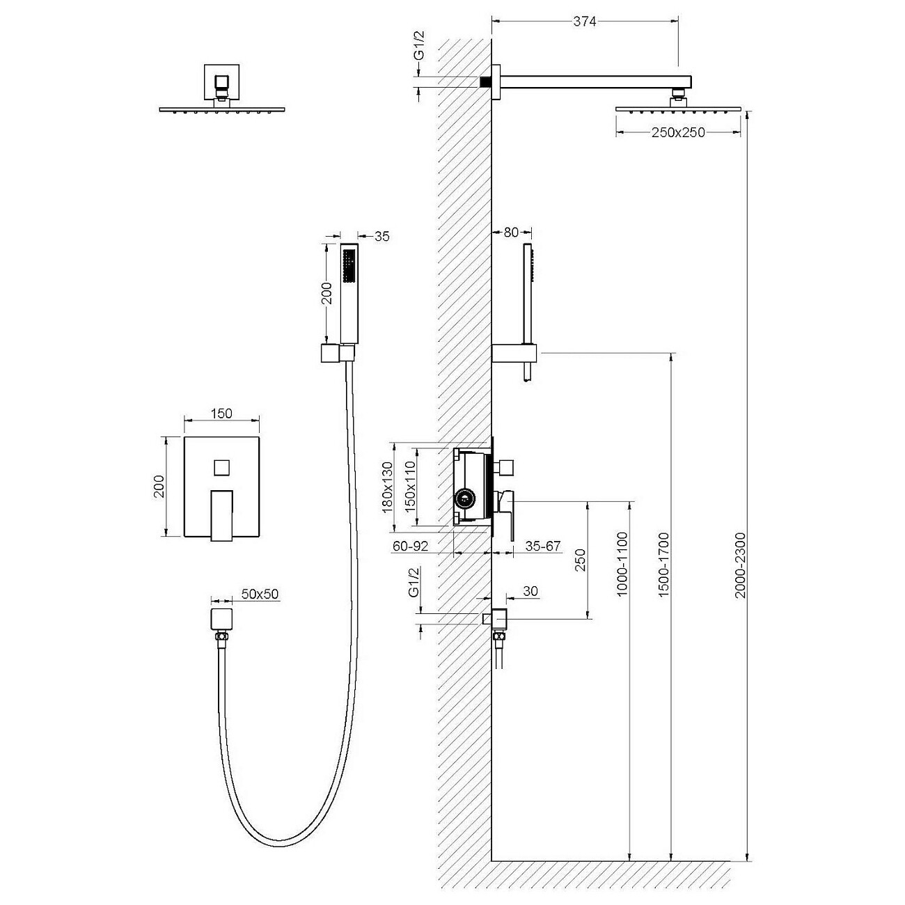 Душевой комплект встроенный с тропическим душем и смесителем белый Timo Selene SX-2069-16SM - изображение 2